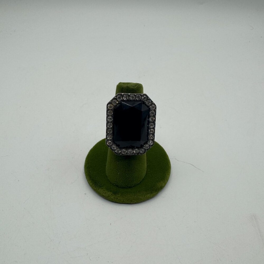 Bold Black Cocktail Ring With Rhinestone Border & Silver-Tone Band